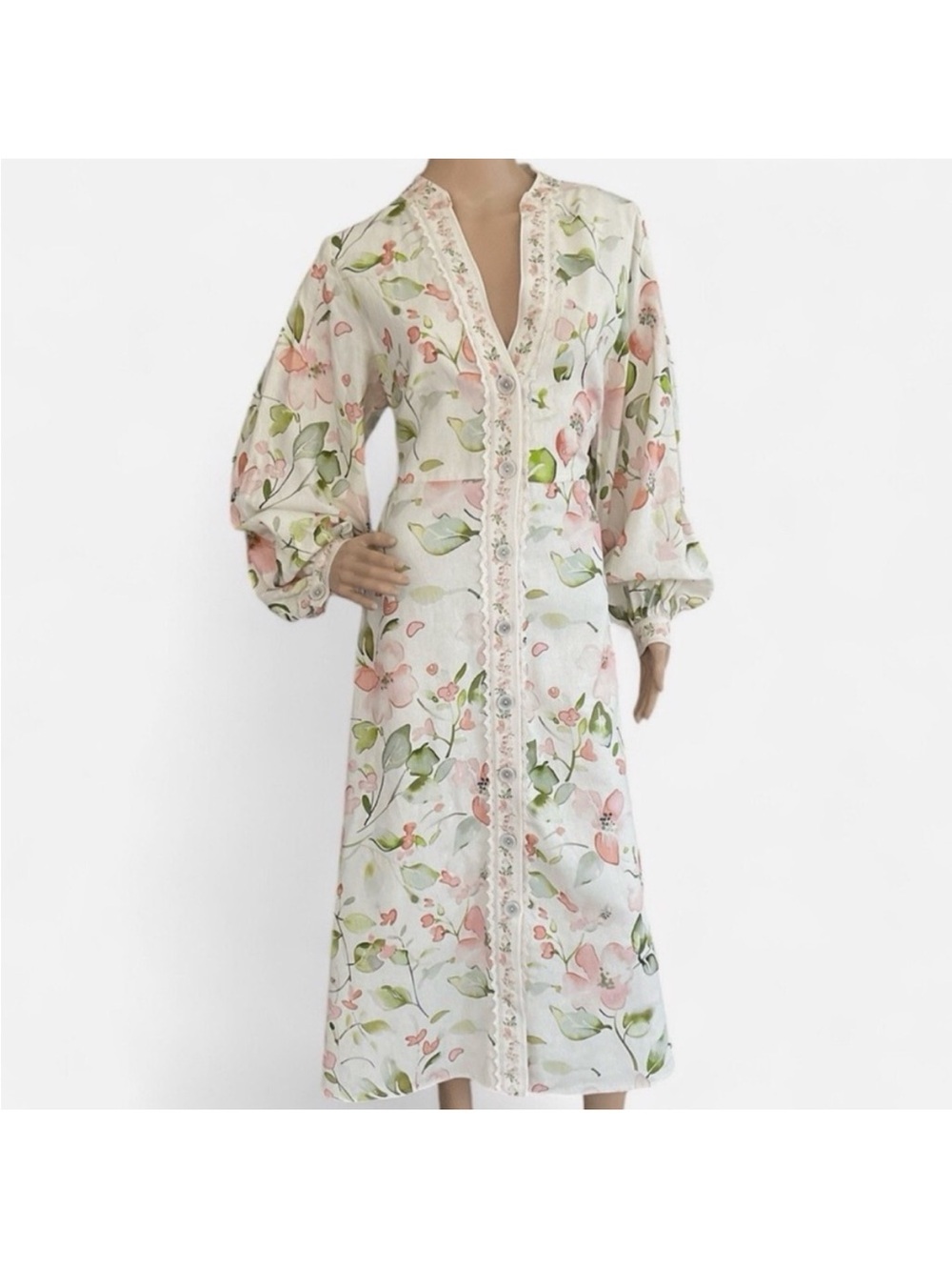 NWOT Caroline Constas S Linen
Floral Dress Button-up Lace
Crochet Trim Bell - Picture 2 of 6